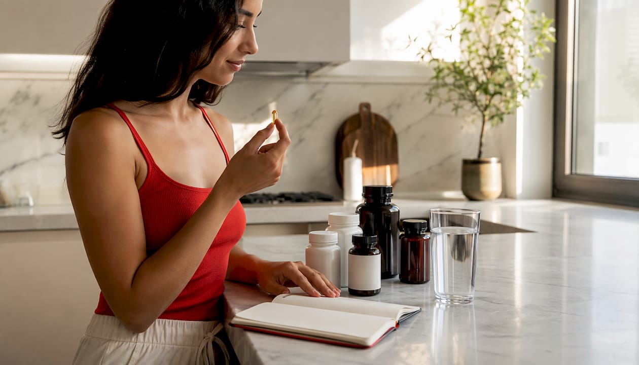 Hands picking softgel supplement on office desk