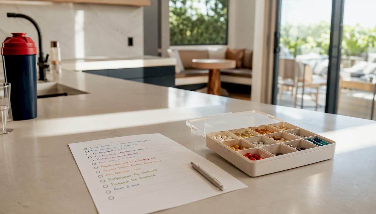 Overhead view of supplement routine checklist and pill organizer
