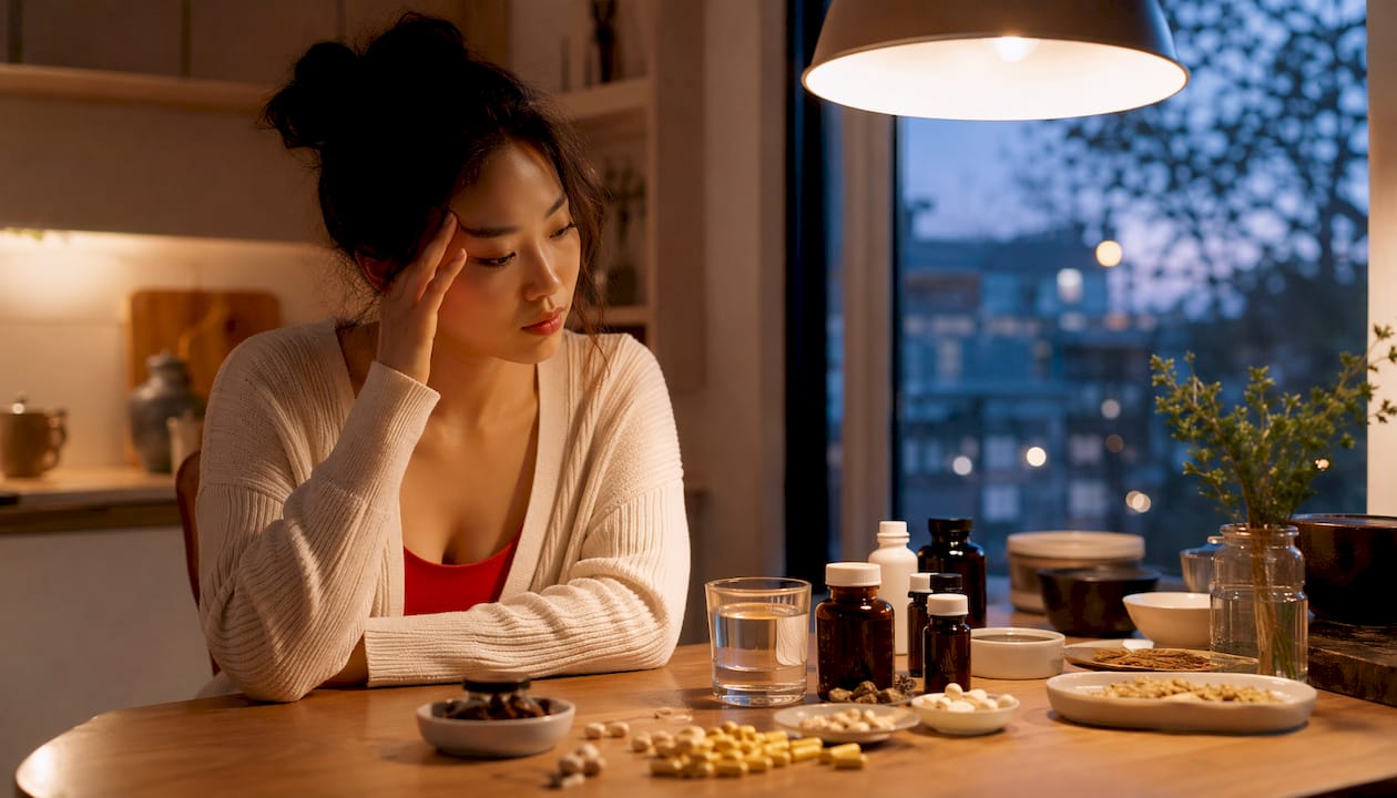 Woman mentally unwinding in home office at dusk