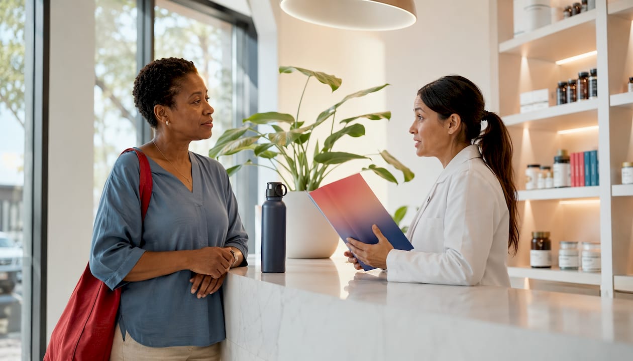 Patient consulting pharmacist about supplements