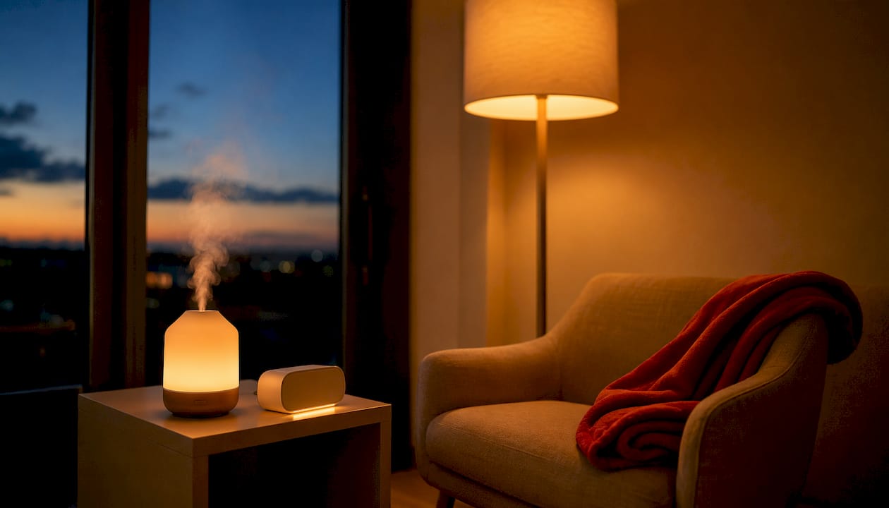 Evening routine cues on bedside desk