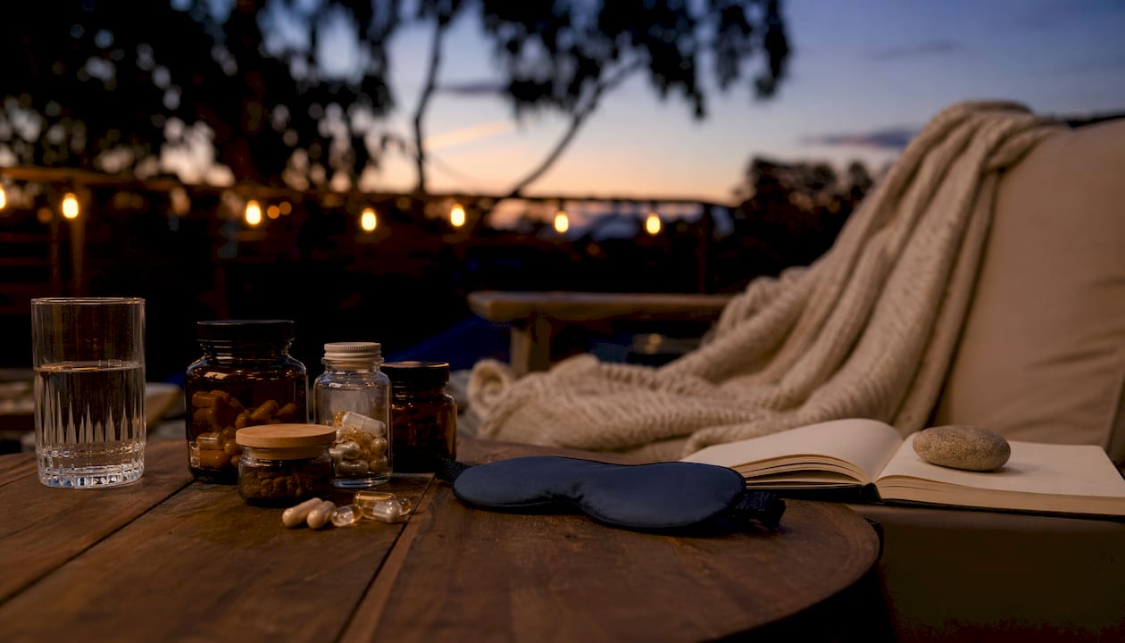 Nightstand with sleep supplements and journal at dusk