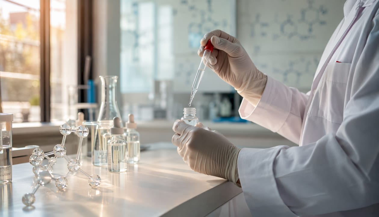 Hands pipetting hyaluronic acid in lab