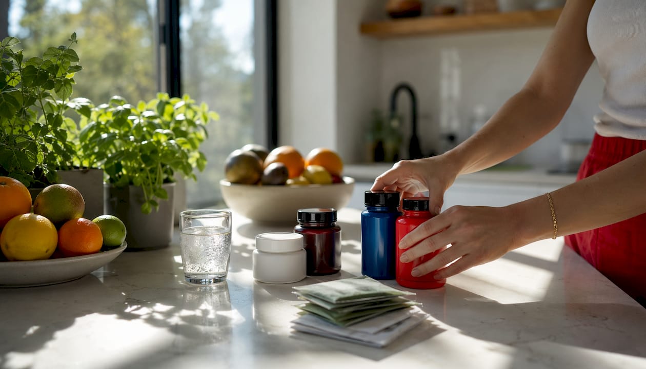 Hands organizing skin supplements on bathroom counter