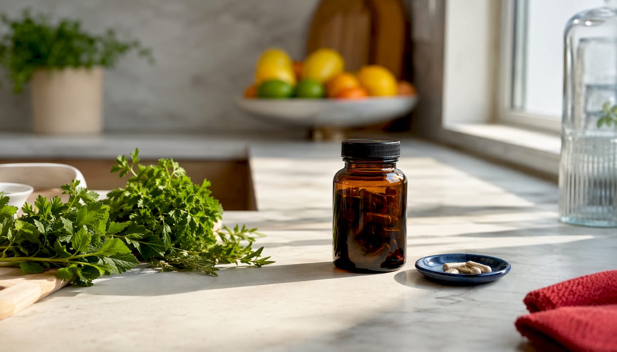 Magnesium glycinate bottle on nightstand close-up