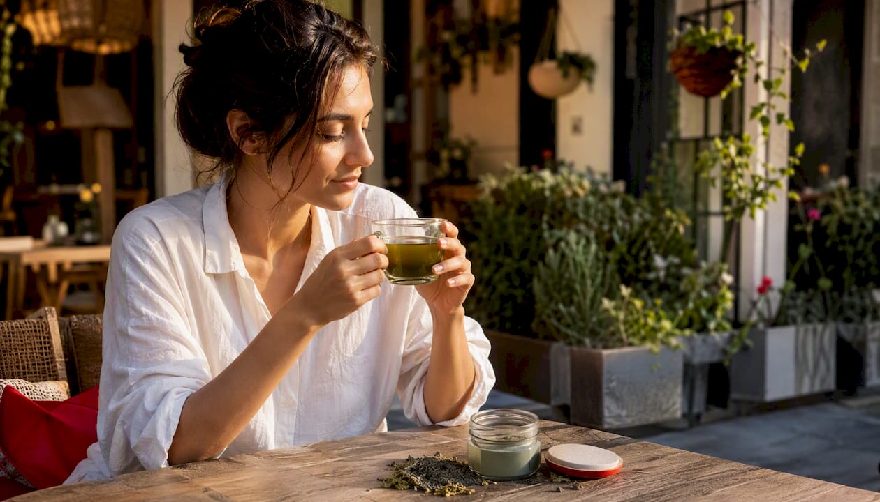 Hands holding green tea cup with L-theanine powder
