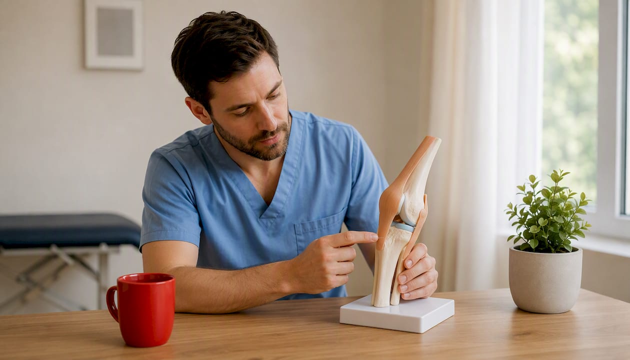 Physiotherapist studying knee joint model