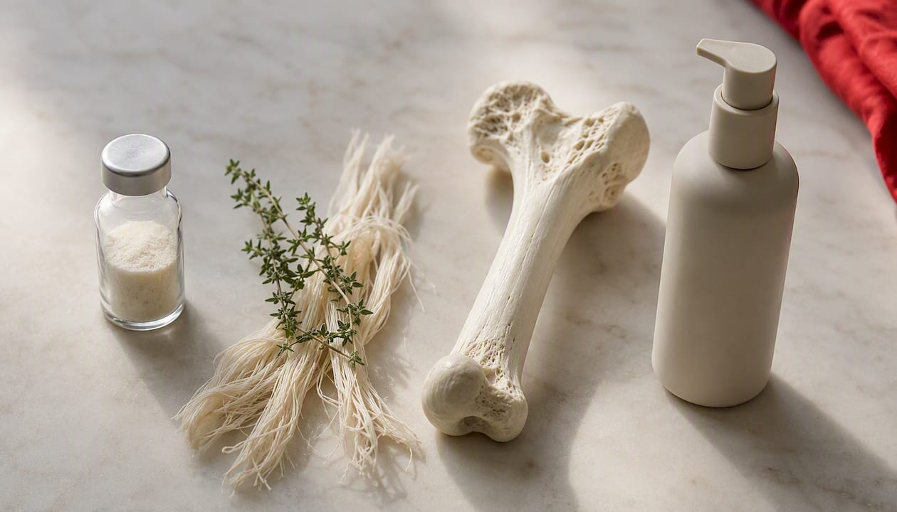 Flat lay showing collagen powder, tendon fibers, bone model, lotion