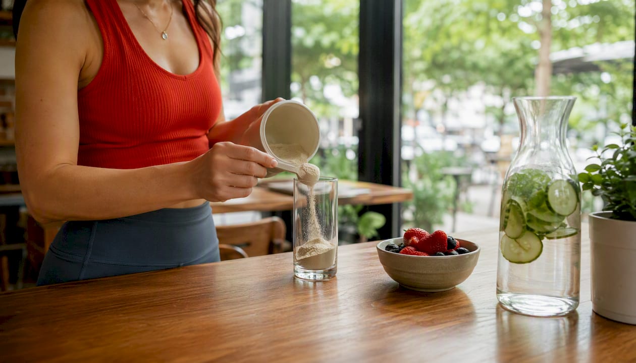 Hands scooping collagen powder into mug