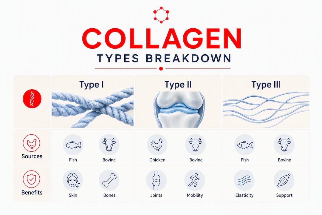 Infographic displaying collagen types and benefits
