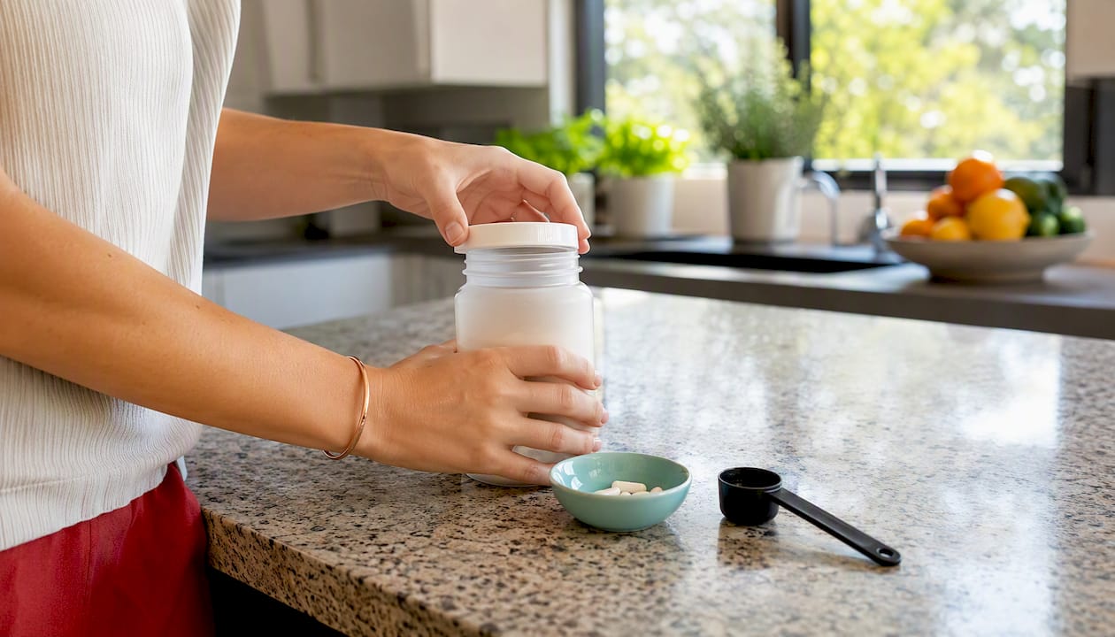 Hands holding collagen supplement capsules jar