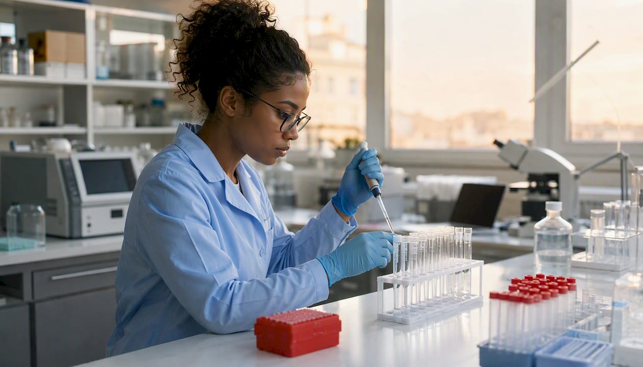 Researcher pipetting collagen peptides in lab