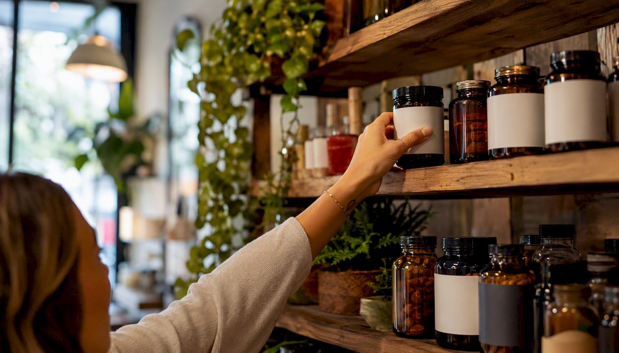Hand selecting supplement bottle on shelf