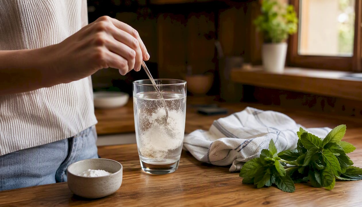 Mixing collagen powder in warm water for iced coffee