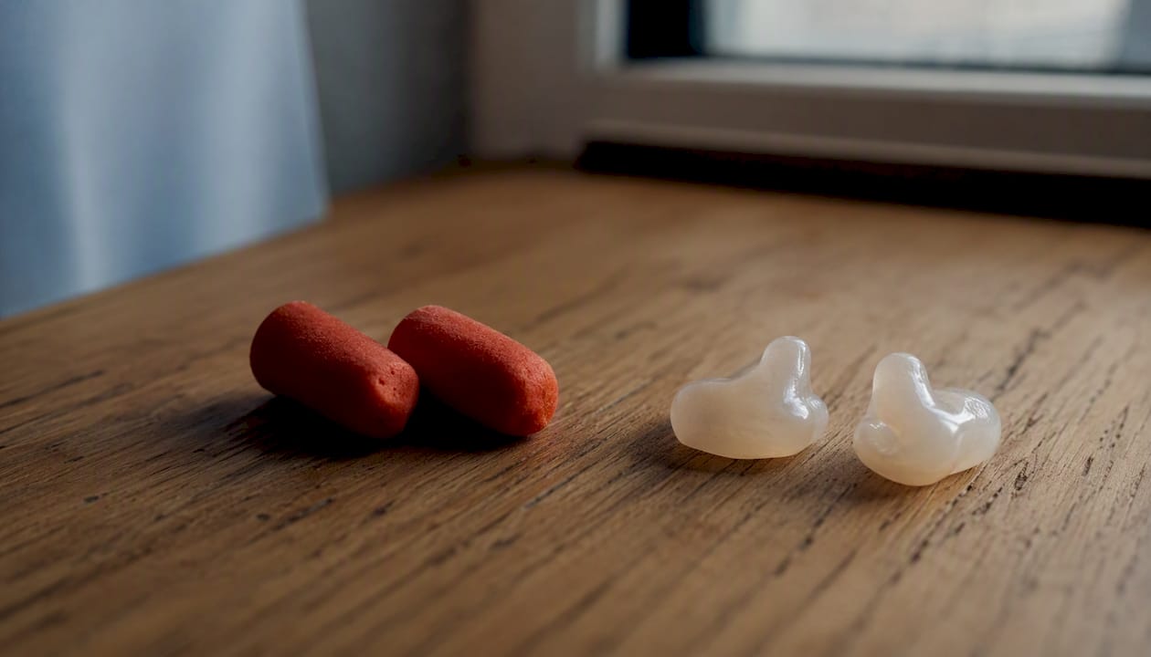 Close-up of foam and moldable earplugs