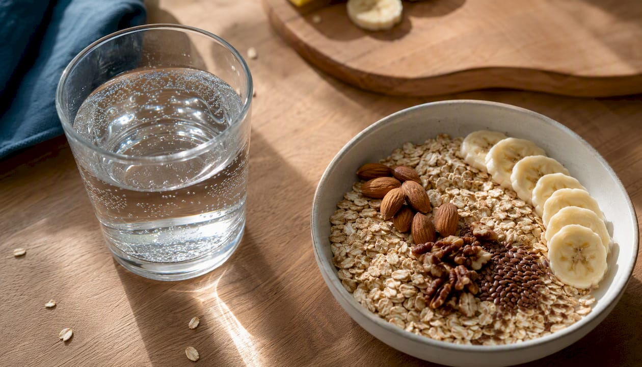 Glass of water with bowl of fiber-rich foods
