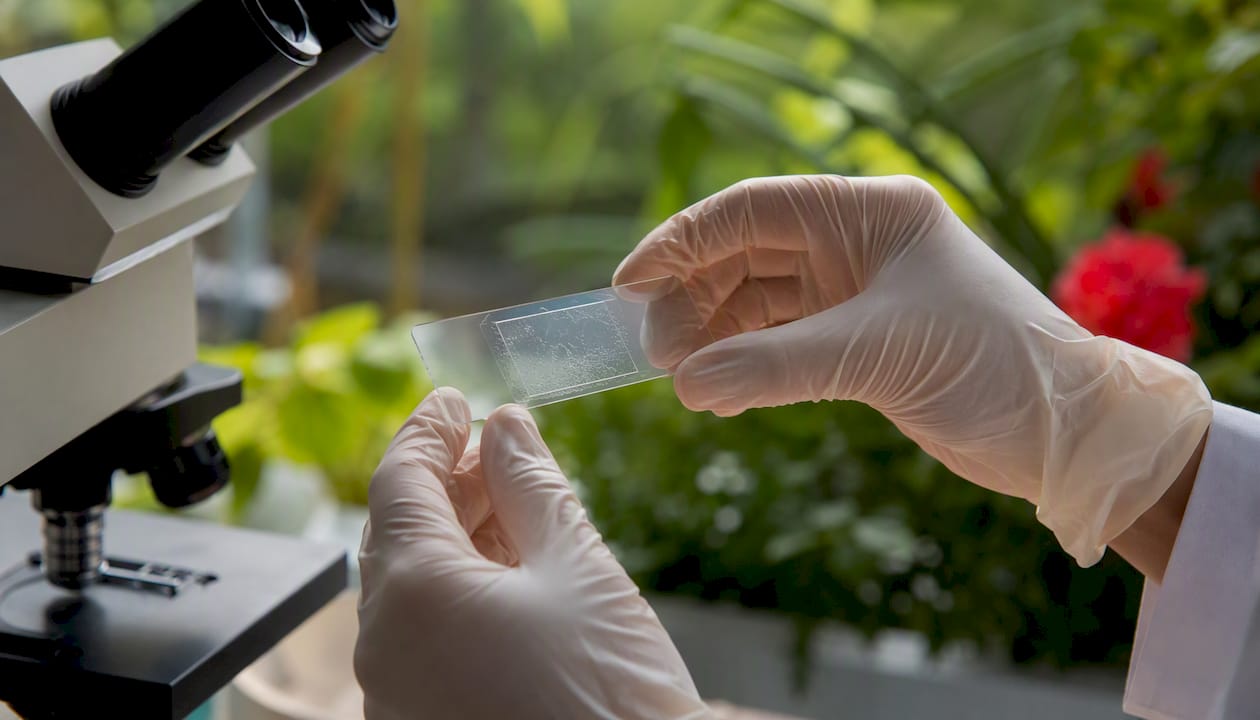 Hands holding microscope slide with skin cells