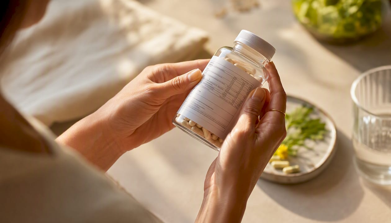Close-up of supplement label being inspected