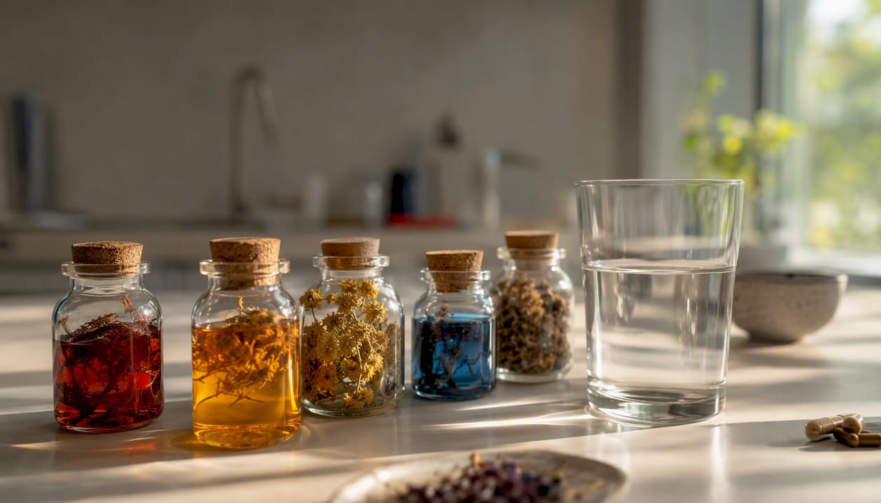 Glass jars with botanical extracts and capsules on table