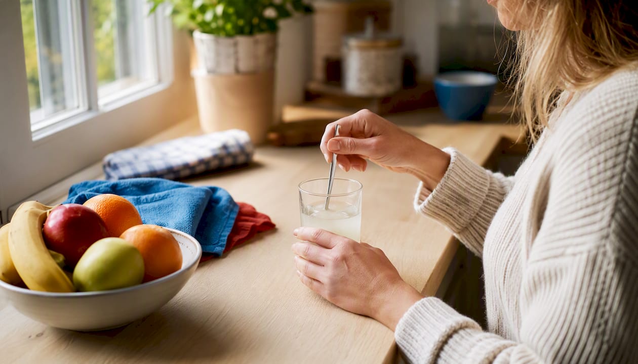 Hand stirring glass with collagen powder in kitchen nook