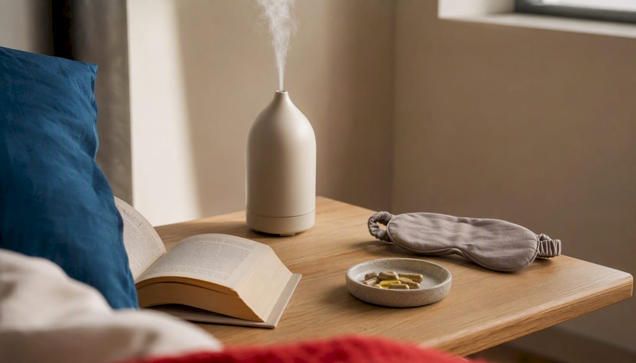 Sleep aid diffuser and mask on bedside table