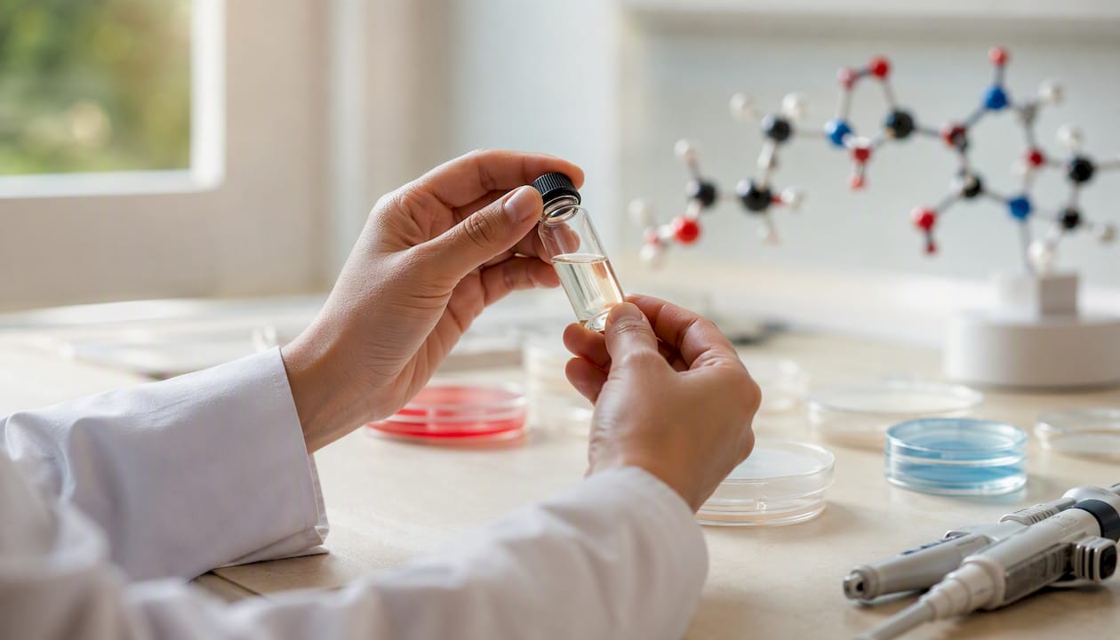 Scientist analyzing amino acids vial in lab