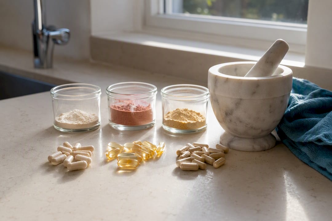 Vitamin C, zinc, and biotin supplements close-up