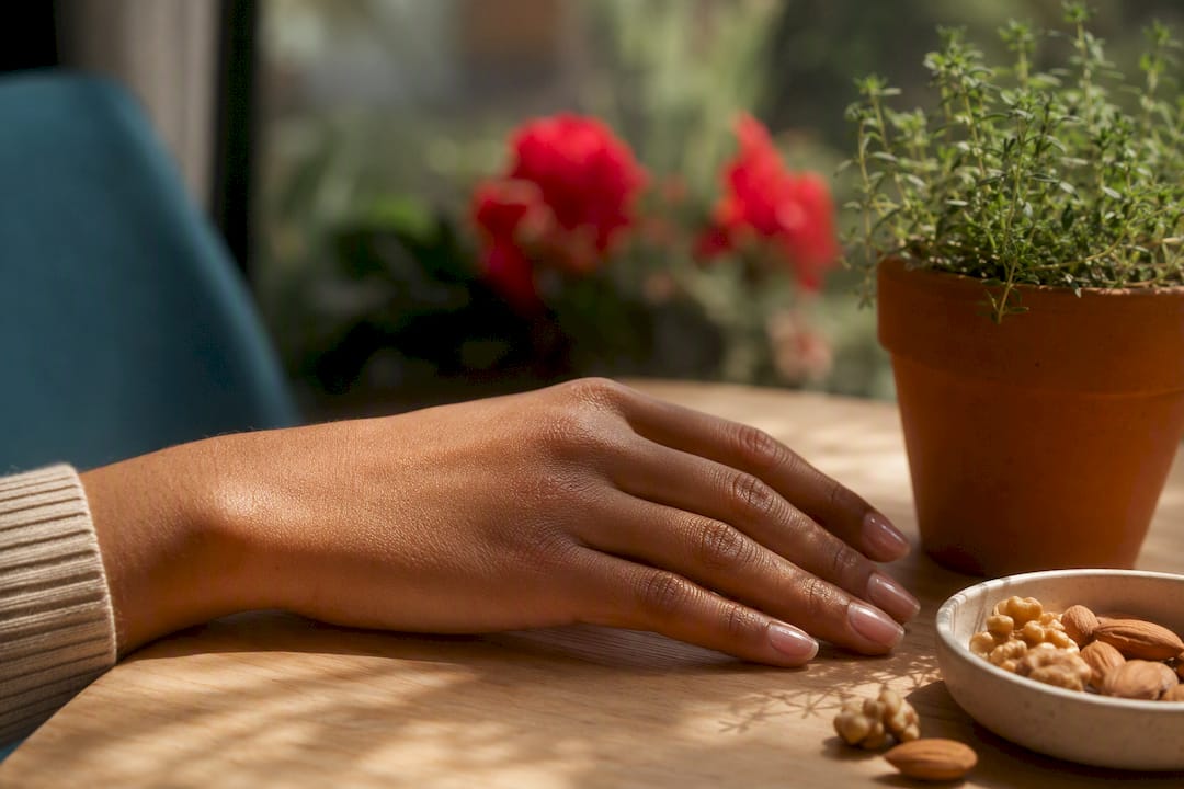 Close-up of healthy strong nails resting on surface