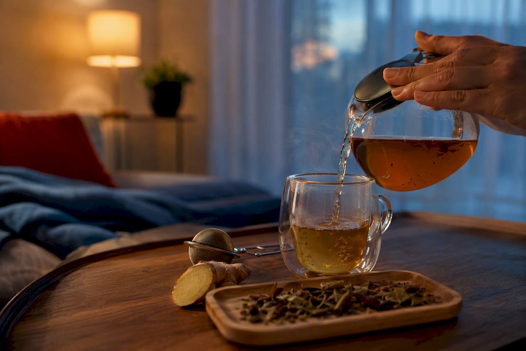 Hands pouring hot water into teacup
