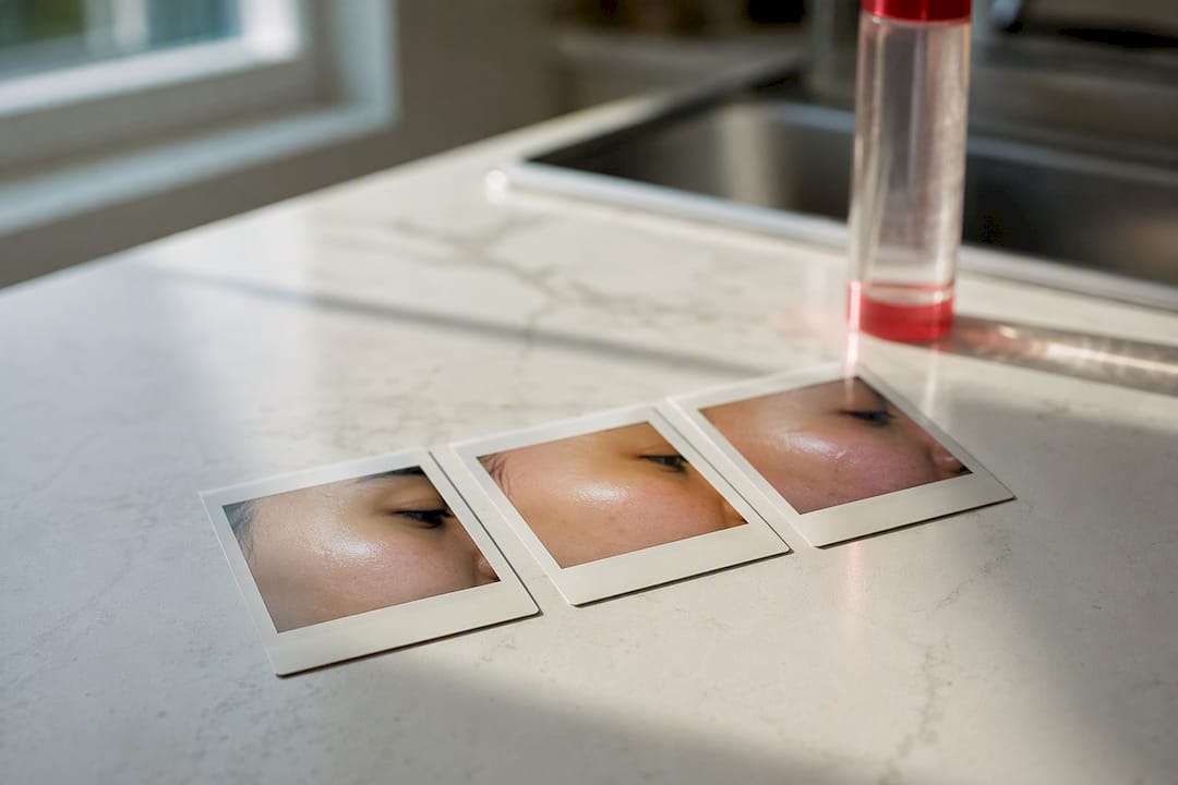 Close-up of skin hydration test photos on vanity