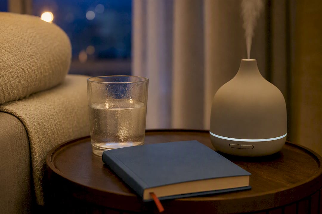 Bedside table with water glass and sleep journal