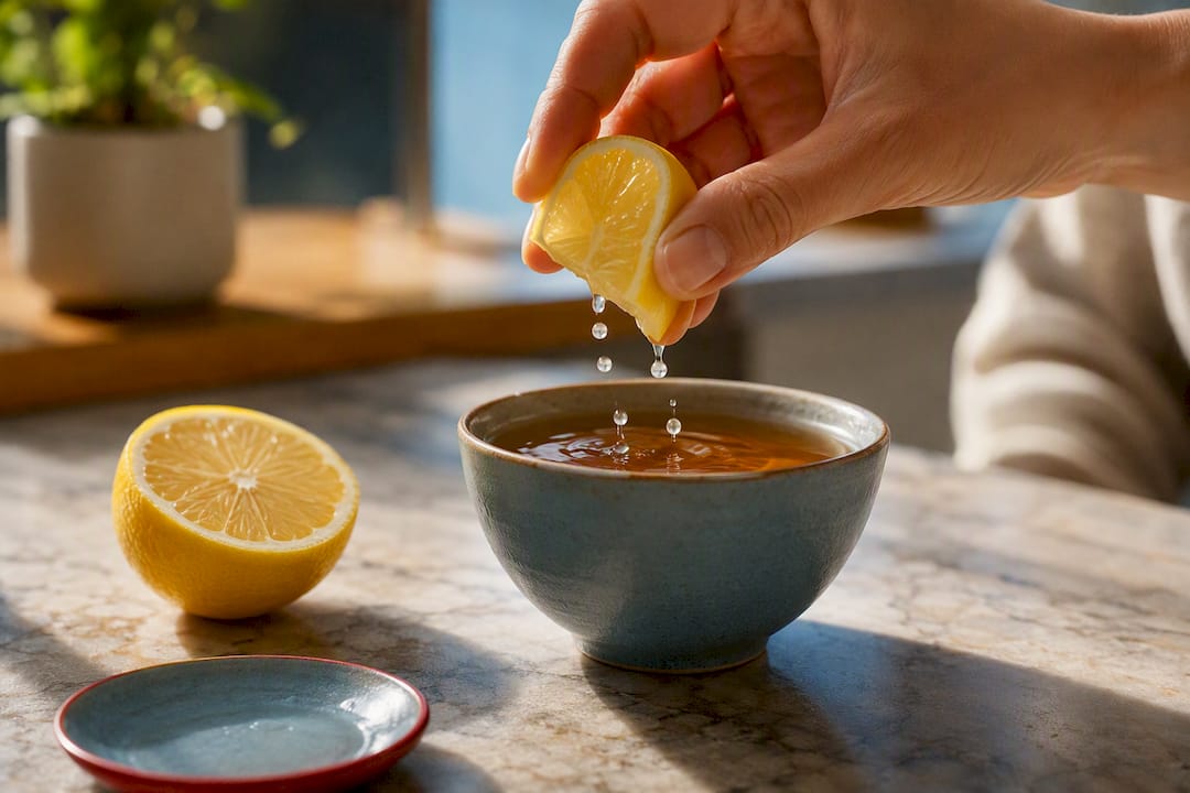 Hand squeezing lemon into cooled tea