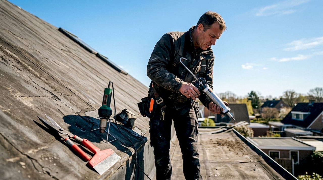 Een paar handen houdt kit vast vlakbij een beschadiging op een EPDM dak.