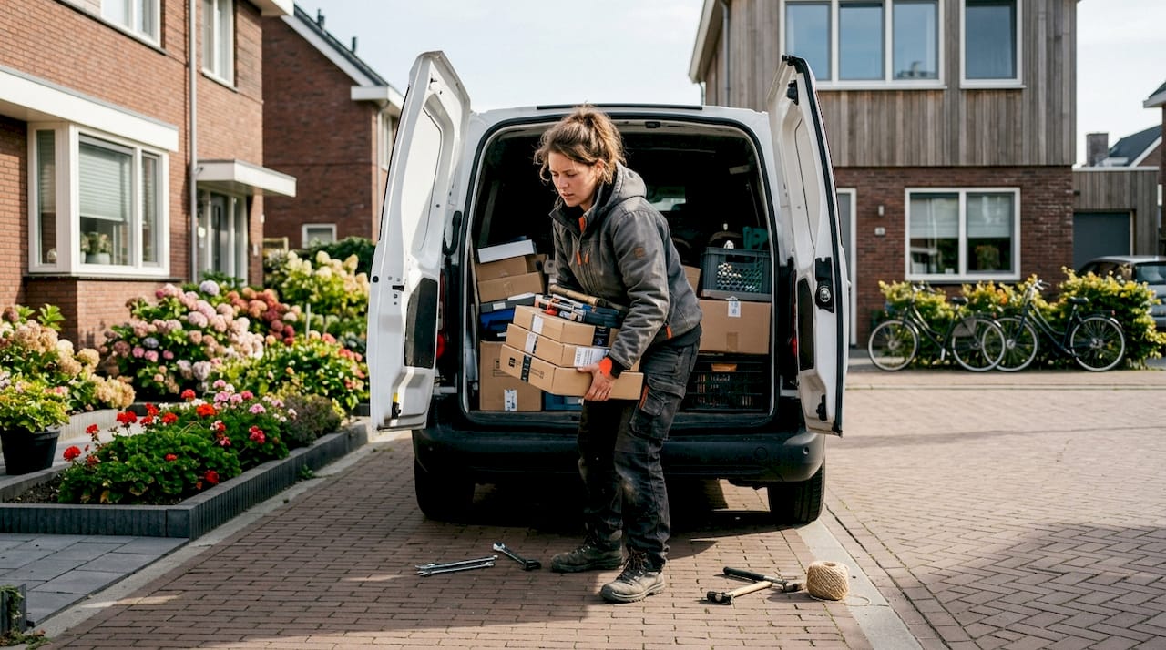 Een bezorger levert een pakketje met gereedschap af bij je thuis.