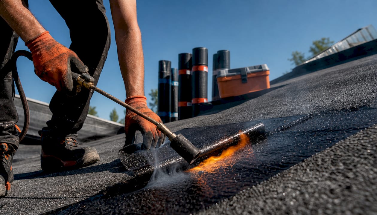 Met een gasbrander wordt de bitumen dakbedekking vakkundig op het dak aangebracht.