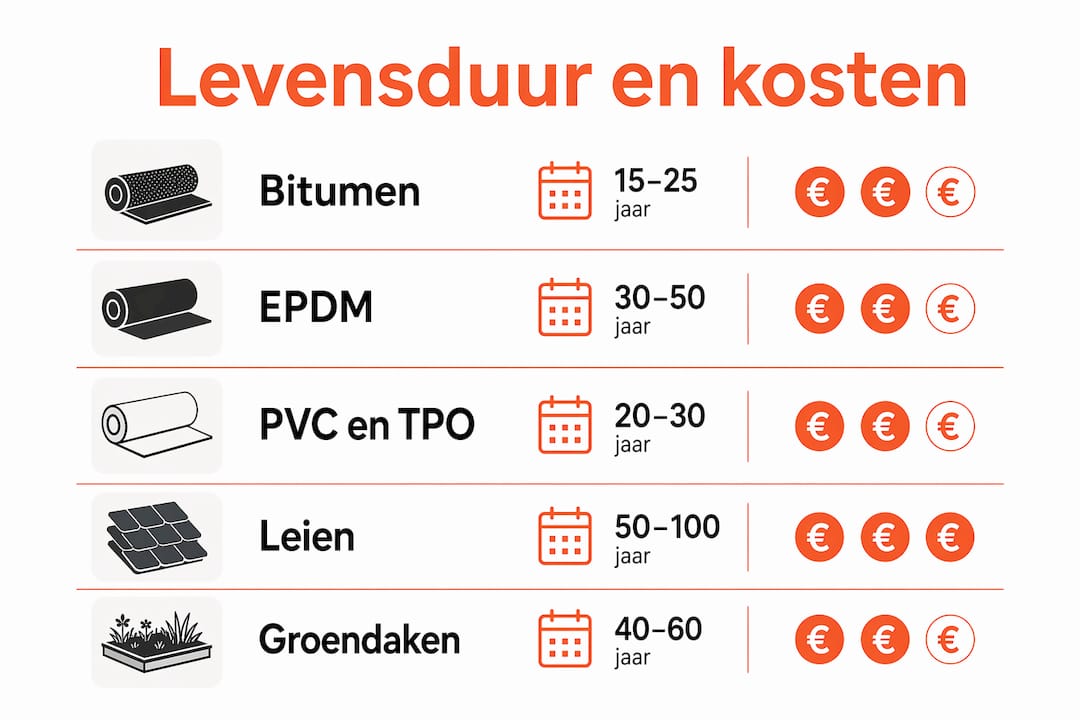 Overzicht: levensduur en kosten van verschillende soorten dakbedekking in beeld