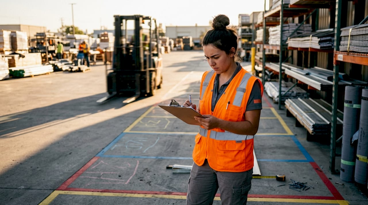Een vrouw inspecteert buiten de opslag van dakmaterialen.
