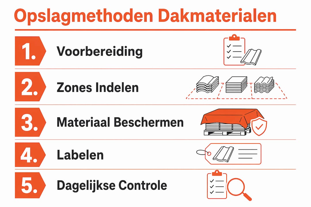 Overzichtelijke infographic met praktische stappen voor het veilig opslaan van dakmaterialen.