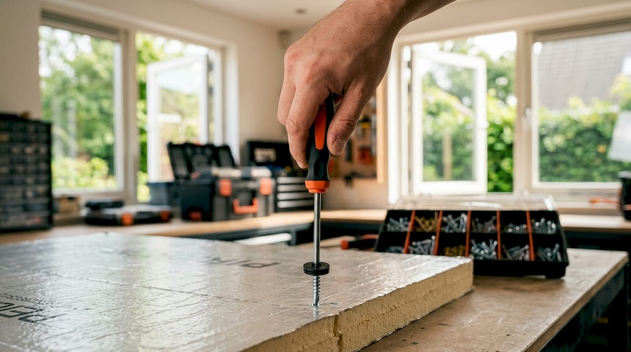 Met de hand wordt een dakschroef in de isolatieplaat bevestigd.