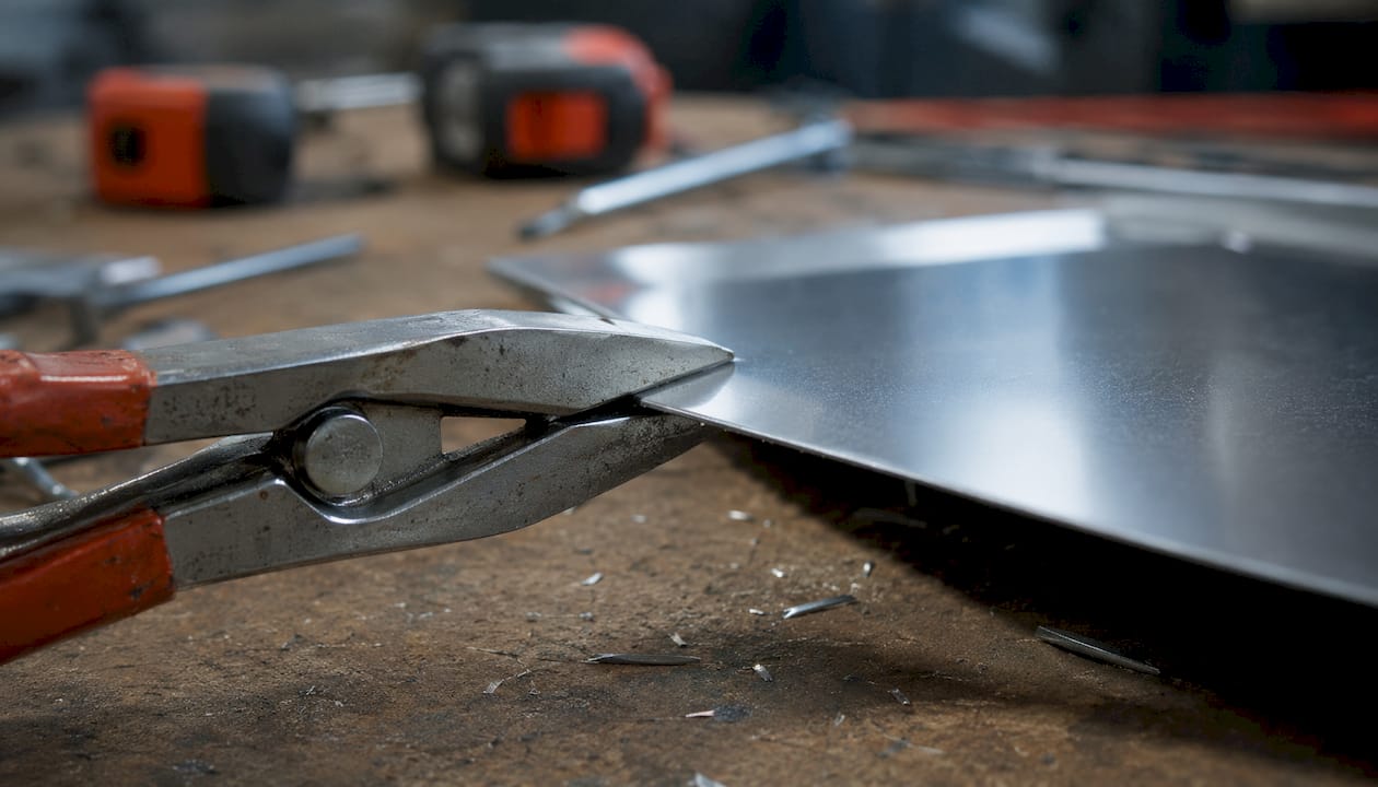 Detailopname van een precisietang die een dun metalen plaatje stevig vastpakt.