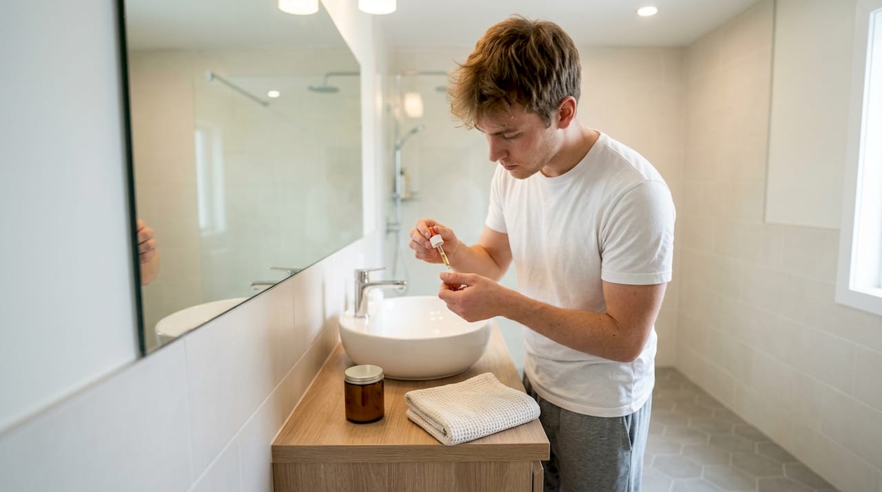 Man zit op de bank en masseert olie in zijn nagelriemen