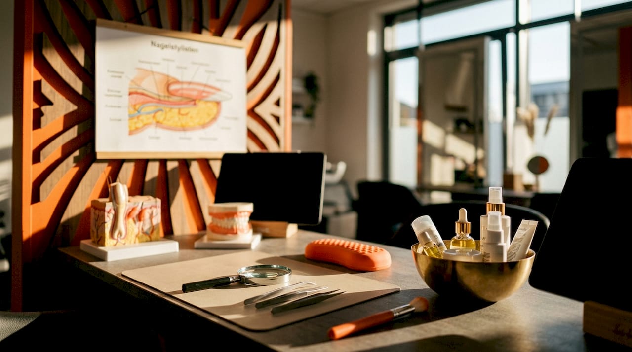 Werktafel van een nagelstyliste met verschillende nagelvoorbeelden en professionele gereedschappen