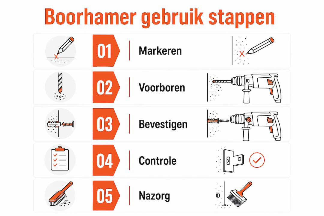 Overzichtelijke infographic: stap voor stap veilig en efficiënt werken met een boorhamer op het dak