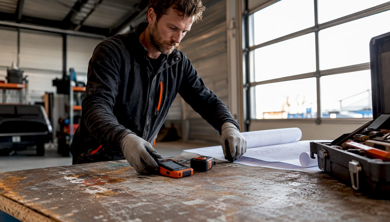 Monteurs maken het gereedschap klaar voor de dakinspectie.