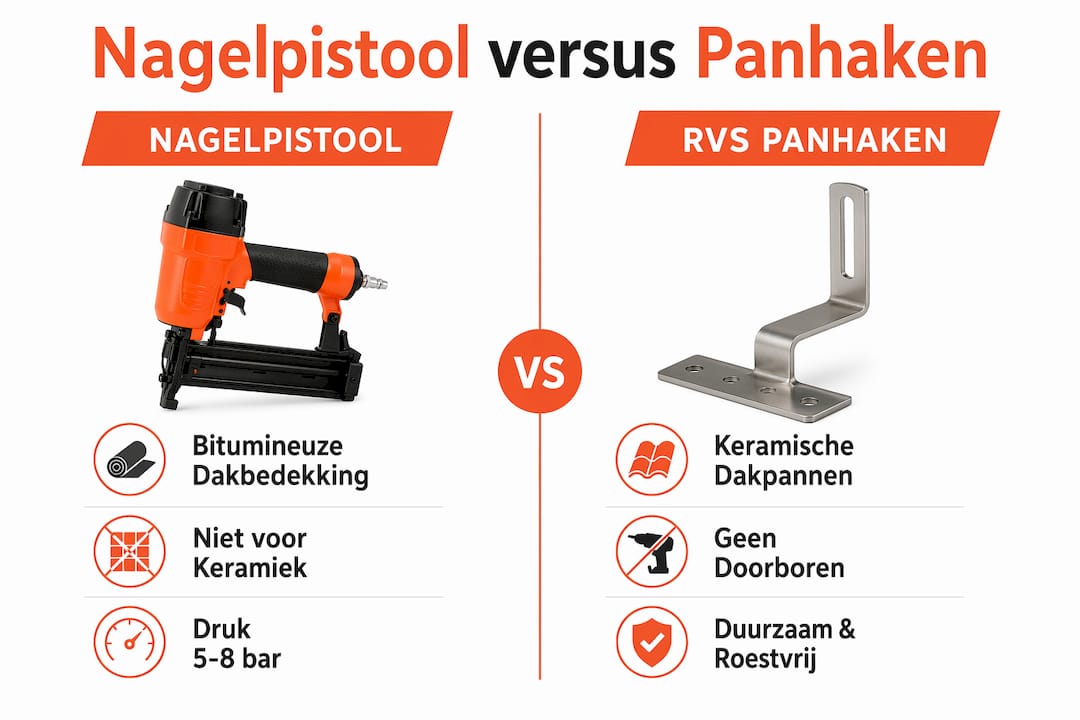 Infographic zet nagelpistool en roestvrijstalen panhaken naast elkaar