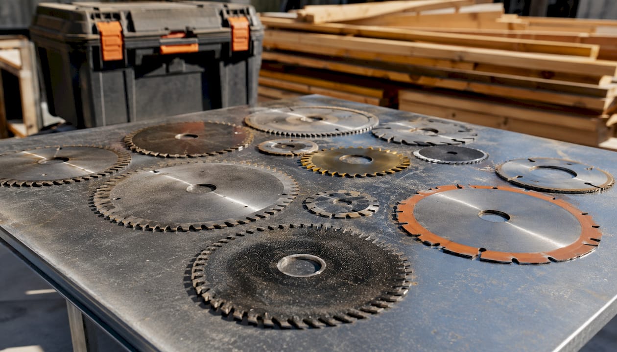Detailfoto van verschillende zaagbladen voor diverse materialen, uitgestald op een werkbank.