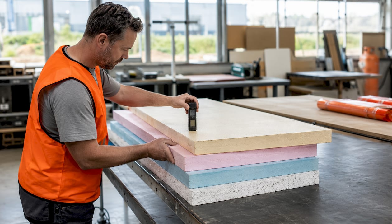 Een technicus controleert de isolatieplaten in het magazijn.