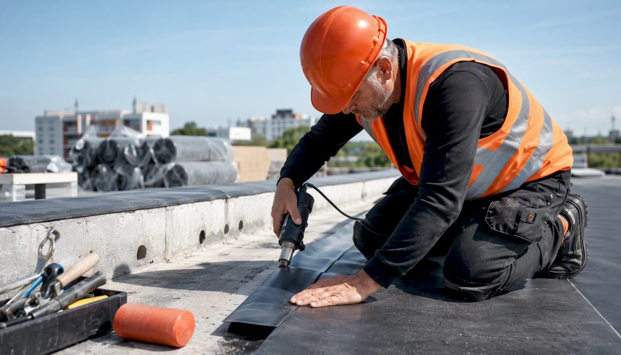 Een dakdekker brengt EPDM-folie aan op een plat dak.
