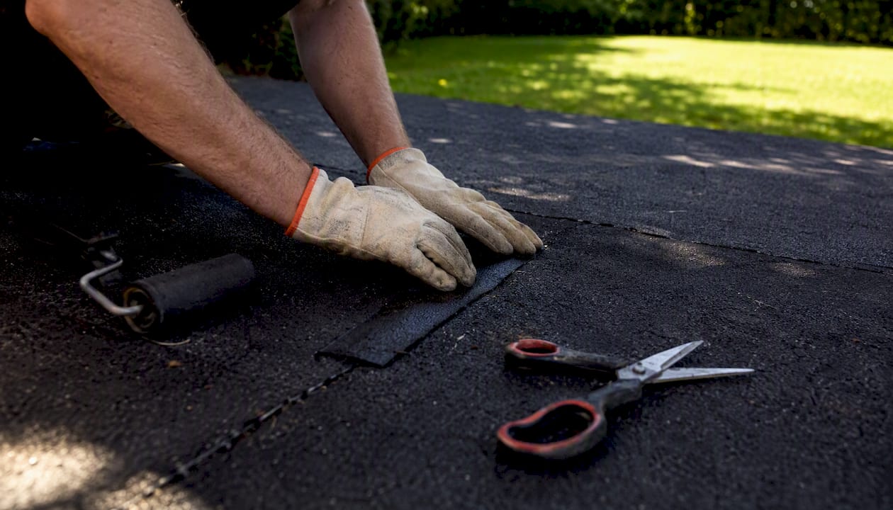 Een paar handen brengt een reparatiestrook aan op een scheur in het bitumen.