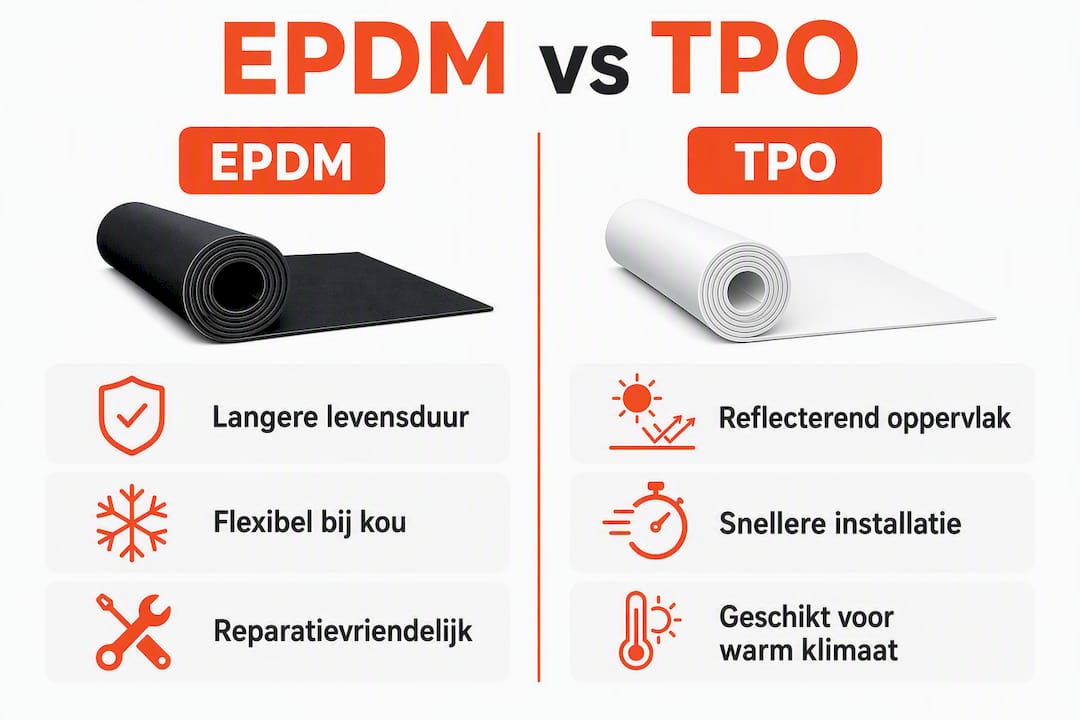 Overzichtelijke infographic: de verschillen en overeenkomsten tussen EPDM en TPO dakbedekking op een rij.